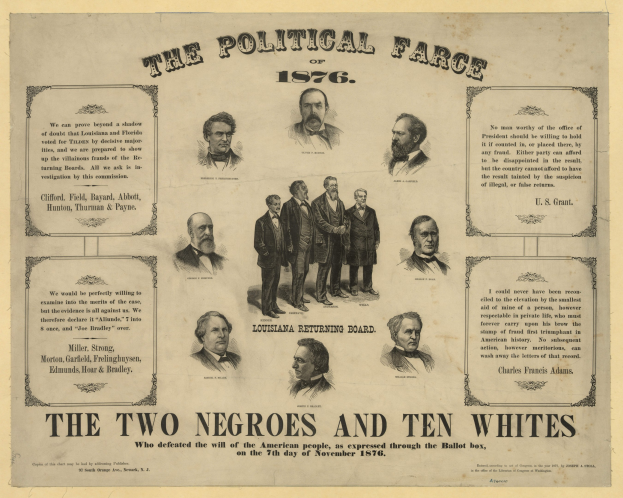 Eine Zeitung mit Bildern mehrerer Personen und dem Text "Das politische Schauspiel von 1876: Die beiden Neger und zehn Weiße".