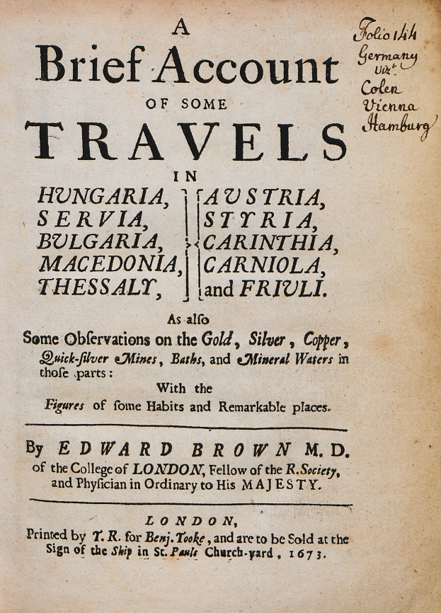 Altes Buch mit dem Titel "Eine kurze Beschreibung einiger Reisen" mit hellblauem Einband, weißer Umrandung und fetter schwarzer Schrift.