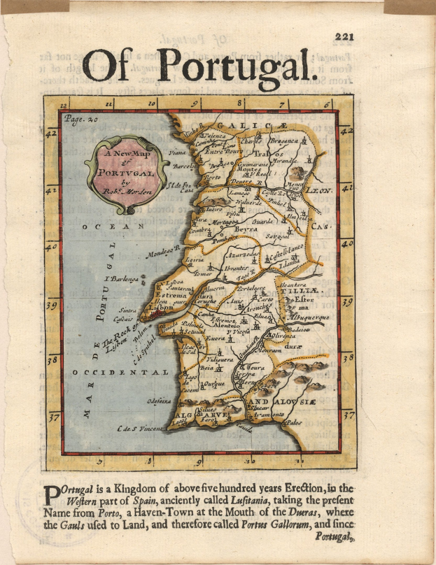 Ausführliche alte Karte Portugals auf vergilbten Papier, zeigt Provinzen und Städte mit zusätzlicher handgeschriebener Text.